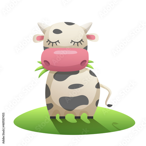 Cartoon cow chewing grass in the meadow. Funny stylish spotted cow, vector illustration isolated on white background.