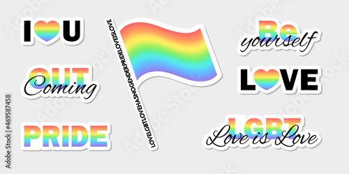 Rainbow colored stickers collection with black elements and letters. Vector clip art in colors of the LGBT community. Best for print, banners, cards and web design.