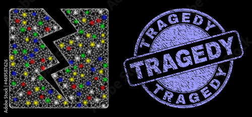 Glossy polygonal mesh web destruct icon with glitter effect on a black background with Tragedy unclean seal. Illuminated vector mesh created from destruct icon,