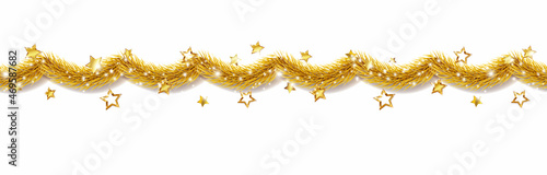Christmas festive gold garland with stars isolated on white background. Xmas tree golden decor element seamless border. Vector holiday realistic decoration ribbon template photo