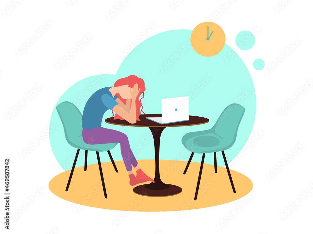 Vector illustration in flat style. A woman is sitting at a table opposite a laptop. Problems with working online. Depressed state from being at home. A lonely woman procrastinates at the computer. Vector illustration in flat style. A woman is sitting at a table opposite a laptop. Problems with working online. Depressed state from being at home. A lonely woman procrastinates at the computer.