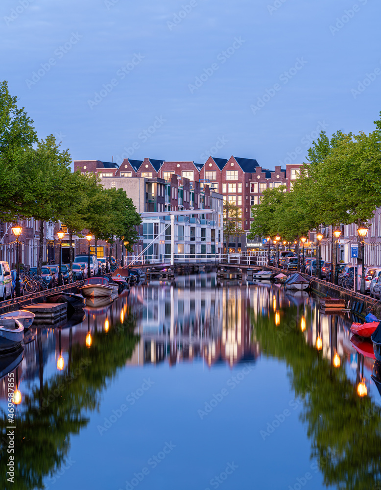 Canal during blue hour in Alkmaar city centre, Netherlands