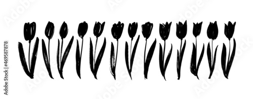 Black brush silhouettes of tulips. Floral clip art elements. Hand drawn dry brush style spring flowers. Black vector organic brushstrokes. Branches, leaves and buds. Collection of hand drawn tulips. 