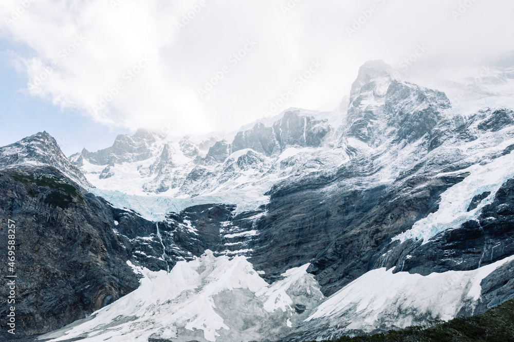 Close-up of snowy mountains in Torres del Paine National Park, Chile