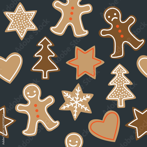 Seamless pattern with Christmas cookies on a dark background.
