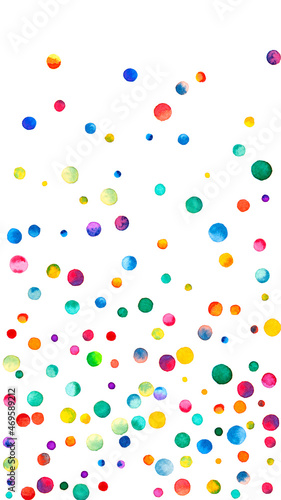 Watercolor confetti on white background. Alluring rainbow colored dots. Happy celebration high colorful bright card. Mesmeric hand painted confetti.