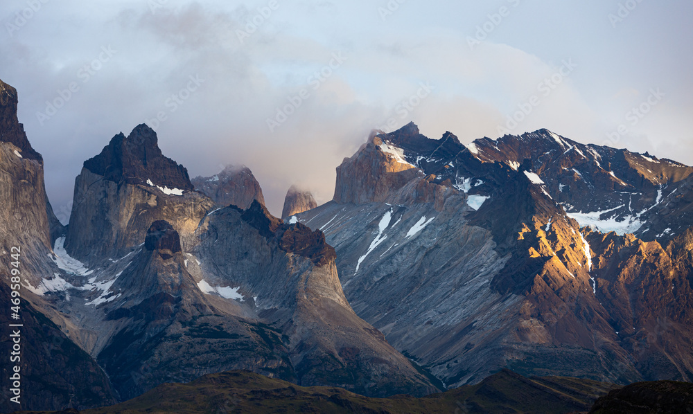 Torres del Paine peaks in clouds, Torres del Paine National Park, Chile