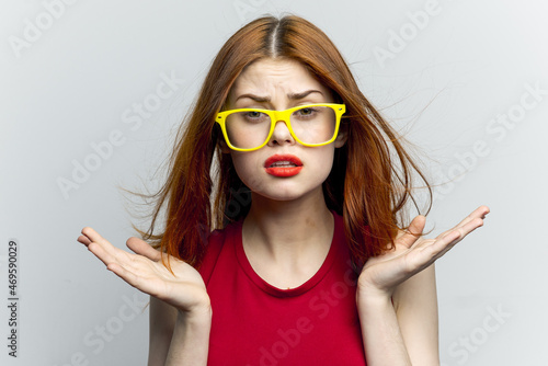 pretty woman yellow glasses hairstyle fashion close-up