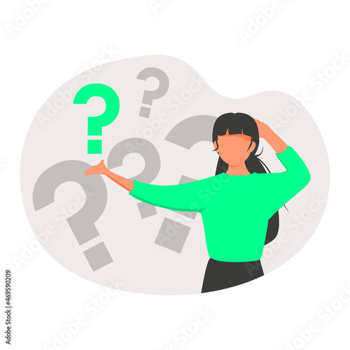 Asking questions with doubt, confusion and unknown information tiny person concept. Female with many question marks symbols in thoughtful posture vector illustration. Search answer to various problems
