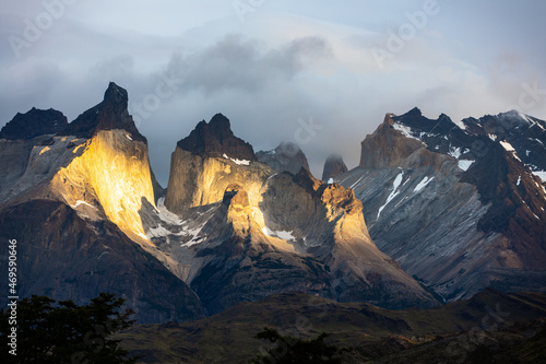 Breathtaking view of Torres del Paine lighted by the sunset's last sun rays, Torres del Paine National Park, southern Chilean Patagonia