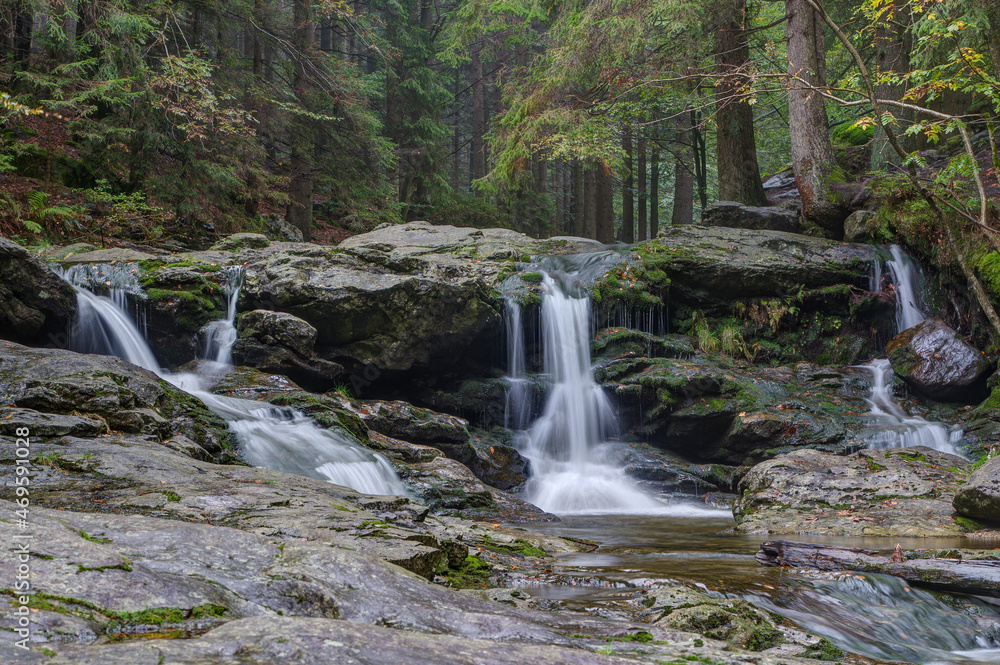 Fototapeta premium In the Rißlochschlucht the Rißbach creek falls over cascades into the wild gorge.