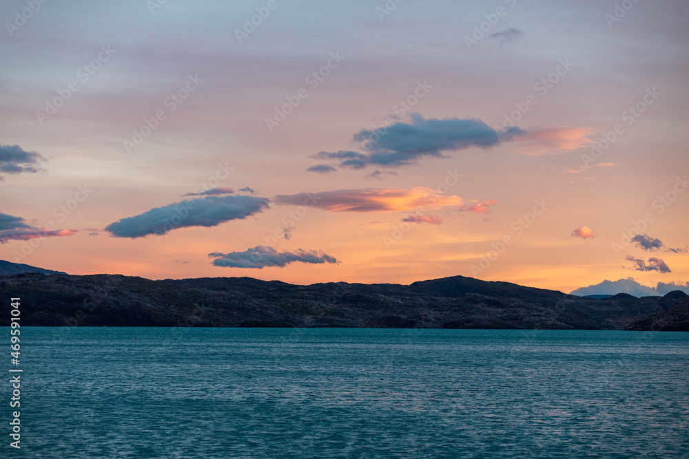Serene landscape of the hills and lake at sunset, Torres del Paine National Park, Chile