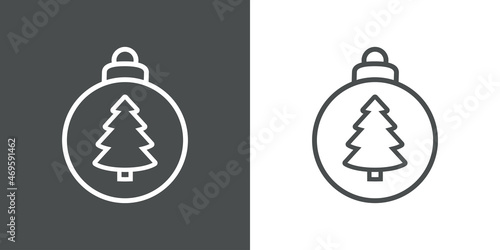 Decoración para árbol de navidad. Icono silueta de bola de navidad con árbol con líneas en fondo gris y fondo blanco