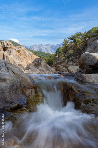 Waterfall in Vallée du Fango, Corsica, France 