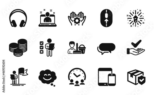 Vector set of Employee hand, Headphones and Cleaning service icons simple set. Meeting time, Swipe up and Mobile devices icons. Fireworks explosion, Leadership and Tips signs. Vector
