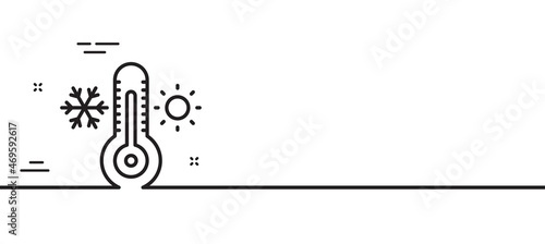 Thermometer line icon. Cold and warm thermostat sign. Winter, summer symbol. Snowflake and sun. Minimal line illustration background. Thermometer line icon pattern banner. Vector