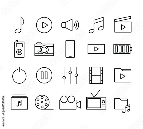 set of multimedia icon menu for gadget or device applications design. editable stroke icon for UI of mobile interface. flat line navigation collection for multimedia player design.
