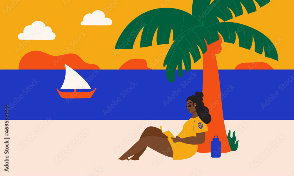 Obraz premium Illustration of woman reading book at the beach