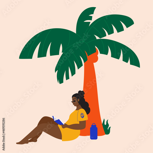 Illustration of woman reading under coconut tree