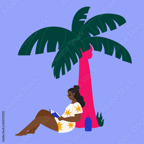 Illustration of woman reading under coconut tree