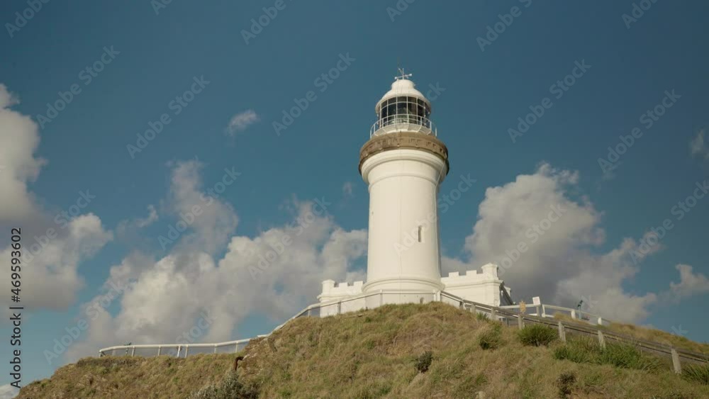 a spring morning low angle clip of the historic lighthouse at byron bay in northern nsw, australia a spring morning low angle clip of the historic lighthouse at byron bay in northern nsw, australia