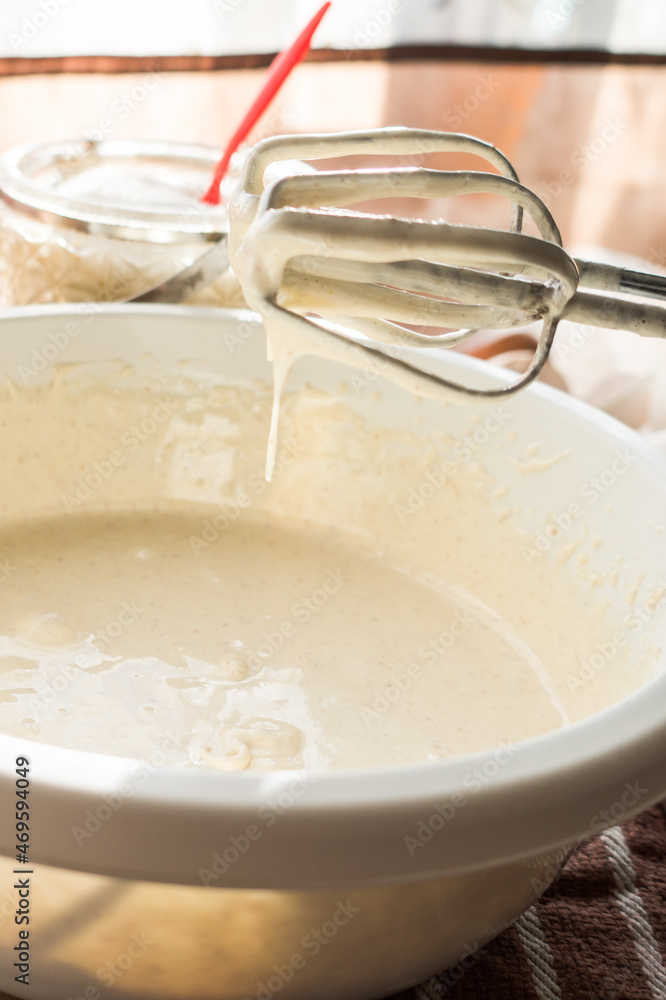 Prepared beaten eggs with a mixer, for making delicious and airy apple biscuit. Prepared beaten eggs with a mixer, for making delicious and airy apple biscuit.