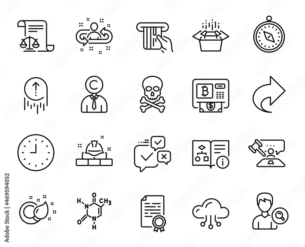 Vector set of Construction bricks, Certificate diploma and Paint brush line icons set. Bitcoin atm, Travel compass and Chemical formula icons. Clock, Cloud computing and Packing boxes signs. Vector