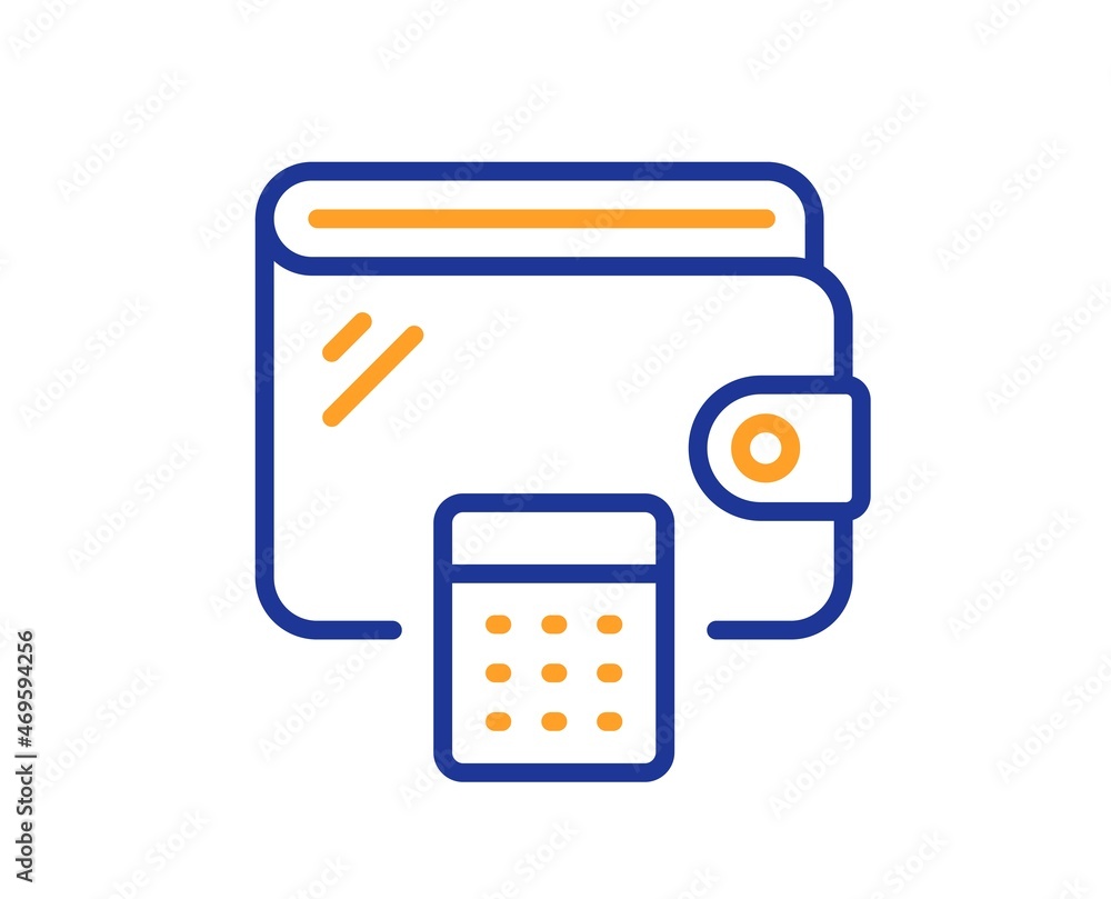 Wallet line icon. Money purse with calculator sign. Cash budget symbol. Colorful thin line outline concept. Linear style wallet icon. Editable stroke. Vector Wallet line icon. Money purse with calculator sign. Cash budget symbol. Colorful thin line outline concept. Linear style wallet icon. Editable stroke. Vector