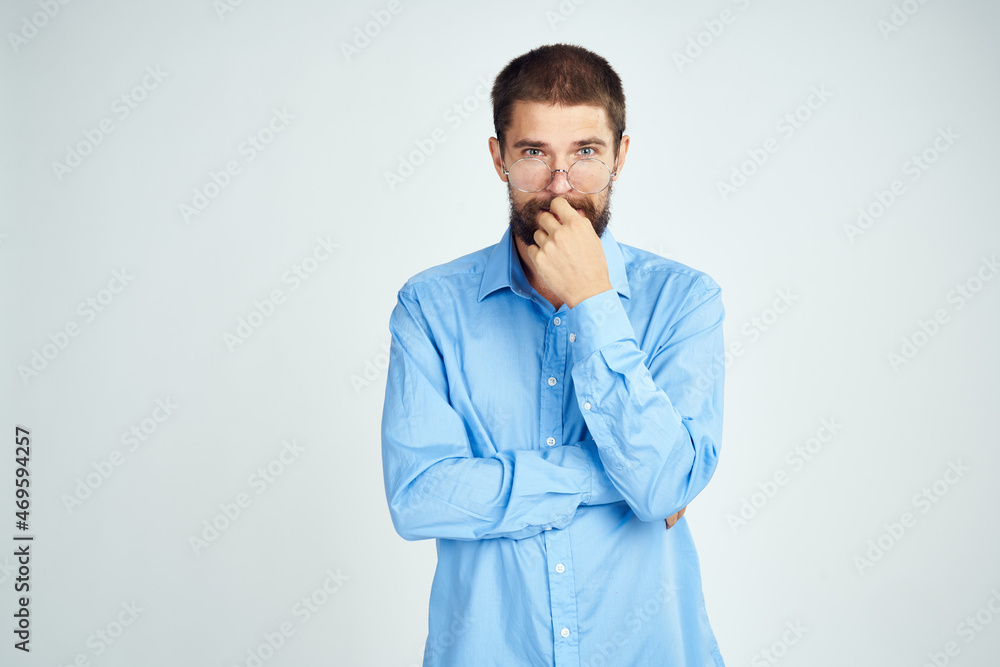 manager wearing glasses posing office work light background manager wearing glasses posing office work light background