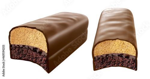 Billede på lærred Chocolate bar, Chocolate coated cake with chocolate cream isolated on white background