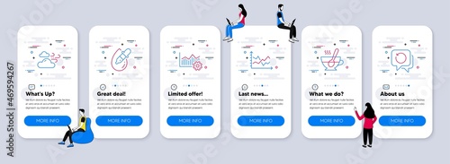 Business icons set. UI phone app screens with teamwork. Included icon as Tea cup, Eye drops, Diagram chart signs. Operational excellence, Windy weather, Recovery data line icons. Vector