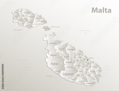 Malta map, administrative division, separates regions and names individual, card paper 3D natural vector
