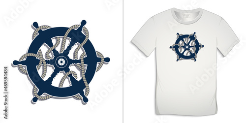Print on t-shirt marine graphics design, rudder icon with rope, white background vector
