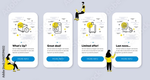 Vector Set of Transportation icons related to Delivery timer, Flight mode and Baggage reclaim icons. UI phone app screens with people. Food delivery line symbols. Vector