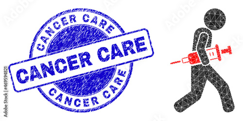 Lowpoly polygonal vaccine robber 2d illustration with CANCER CARE scratched stamp. Blue stamp has Cancer Care tag inside circle form. Vaccine robber icon filled with triangles.