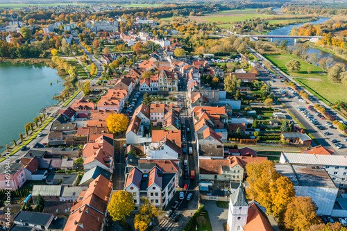 Aerial view of center of the Miedzychod city, Poland
