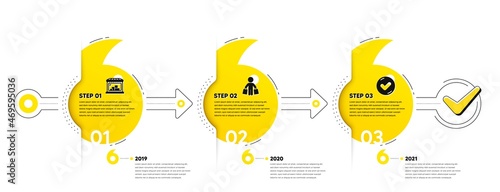 Trade Infographic timeline with 3 steps. Shopping process diagram with Trade store, Shopper with purchases, Approved tick icons. Timeline infograph diagram. Quotes journey path infographics. Vector