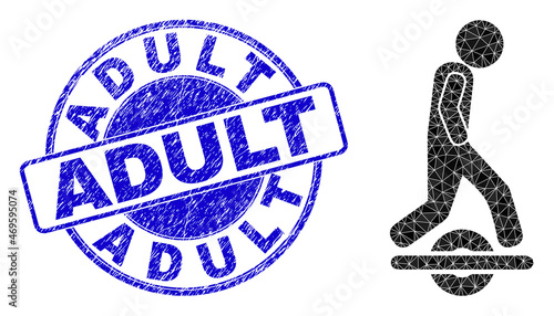 Low-Poly polygonal man drive one wheel icon illustration with Adult unclean stamp seal. Blue stamp has Adult text inside round shape. Man drive one wheel icon filled with triangles.