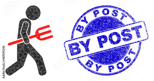 Low-Poly triangulated fork holder 2d illustration, and By Post textured seal. Blue seal contains By Post text inside round shape. Fork holder icon is filled with triangle mosaic.