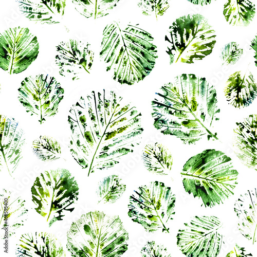 Seamless white watercolor background with green leaf silhouettes prints