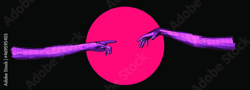 Vector 3D model of hands going to touch together, reminiscent of Michelangelo's artwork. Cyberpunk and vaporwave style art collage.