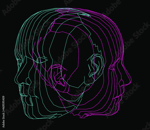 3D wireframe model of a human heads. Concept for Machine Learning, Artificial intelligence and Robotics themes.