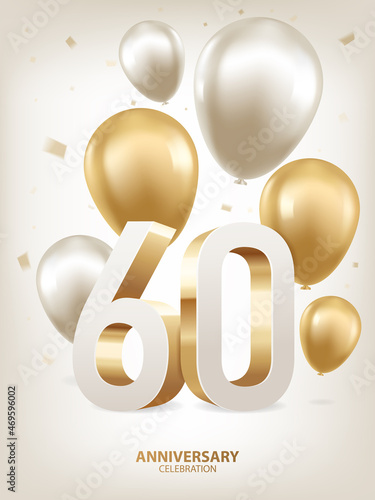 60th Year anniversary celebration background. Golden and silver balloons with confetti on white background with 3D numbers.