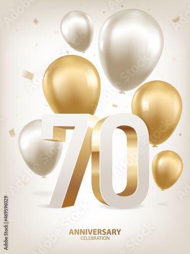 70th Year anniversary celebration background. Golden and silver balloons with confetti on white background with 3D numbers.
