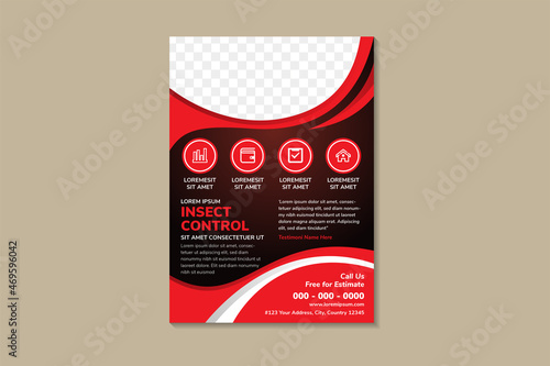 insect control flyer design template. pest killer poster design with photo space. vertical print-ready. Combination of red and white on the element. brown black gradient background