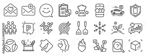Set of Business icons  such as Love letter  Parking  Grow plant icons. Search document  Snowflake  Group people signs. Best chef  Star  Online voting. Cutting board  Chemistry dna  Spanner. Vector
