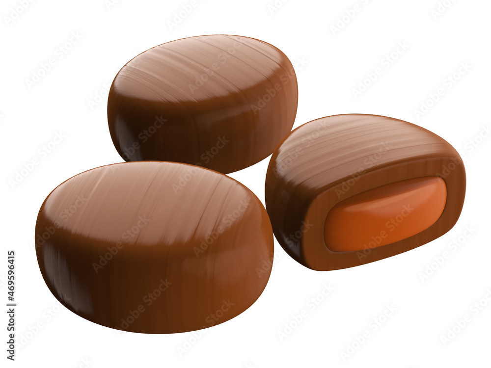 Chocolate pieces with caramel filling. 3d illustration. Chocolate pieces with caramel filling. 3d illustration.