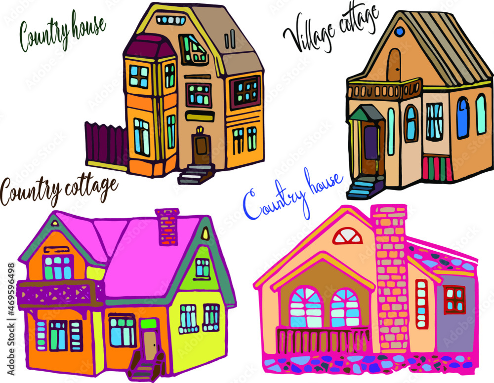 Vector hand drawn doodle house set, colored doodle different houses, village, country buildings, constructions, apartments 