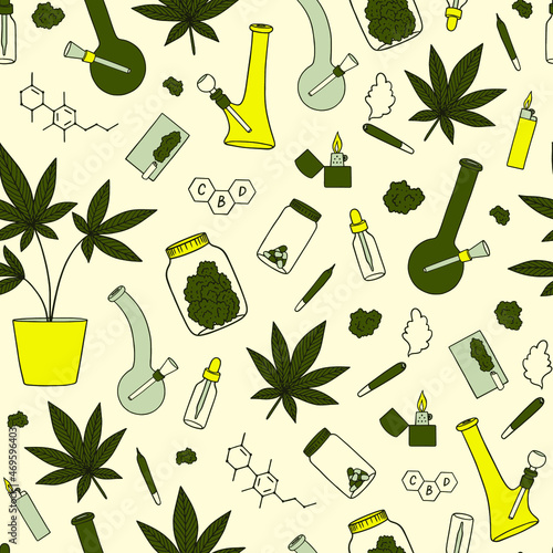 Hemp oil serum in glass dropper bottle with cannabis leaves and CBD formula. Marijuana seamless vector pattern. Weed background