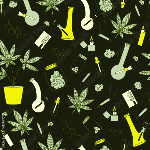 Hemp oil serum in glass dropper bottle with cannabis leaves and CBD formula. Marijuana seamless vector pattern. Weed background